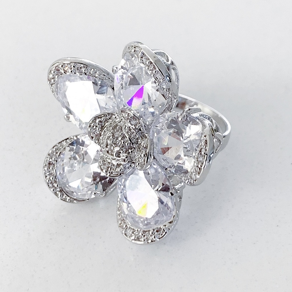 💍 Extraordinary High Shine Wild Rose Rhinestones Crystals Silver-tone Ri… - Picture 5 of 11
